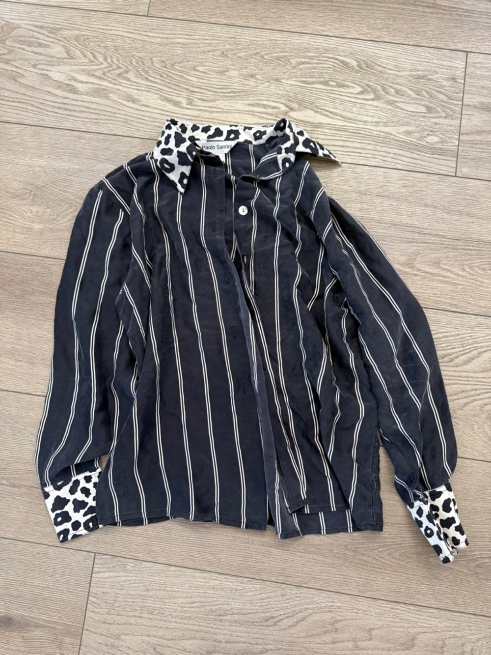 Silk blouse Striped Black and White Button-Up Blouse with Contrast Collar